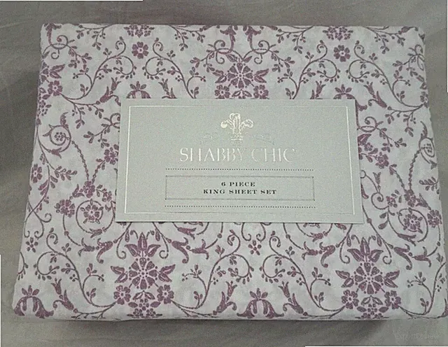 6 pc Shabby Chic White & Purple King Sheet Set NIP