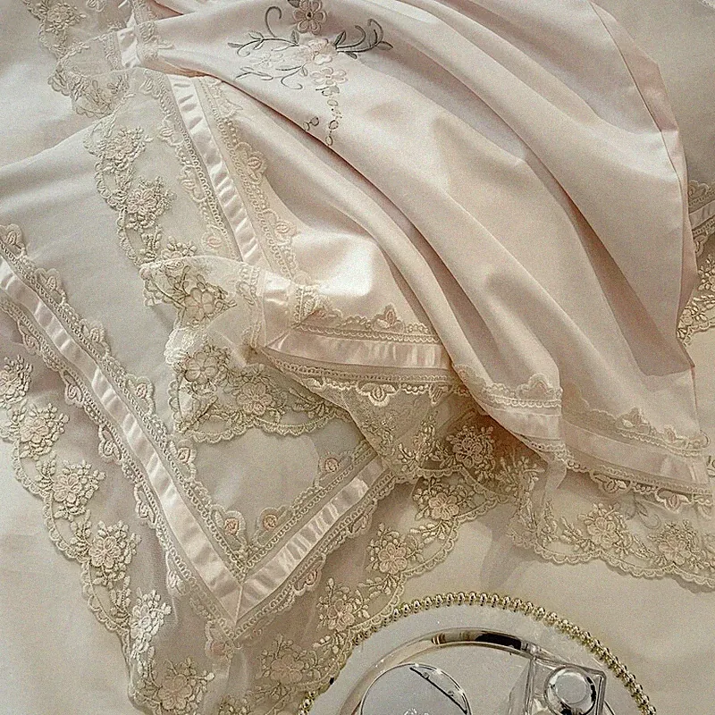 Bedding Set 4pcs 100s Cotton Embroidery Lace Flowers Duvet Cover Flat Sheet Set