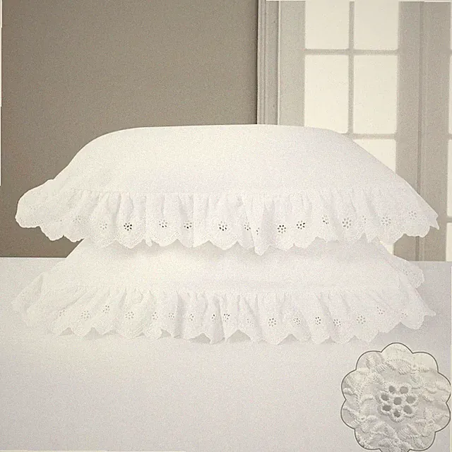 Eyelet Pillow Shams White Lace Ruffled Standard Shabby Chic Set of 2 Pillowca...