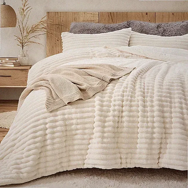 Fluffy Comforter Set 3 Pieces - Super Soft & Fuzzy Comforter Queen Cream White