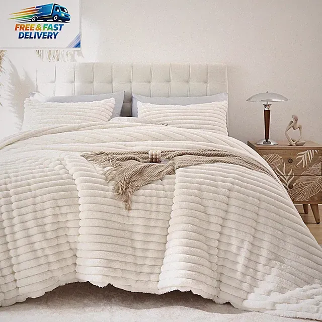 Fluffy Queen Comforter Set 3 Pieces - Cream White Fleece Fluffy Comforter Set, L