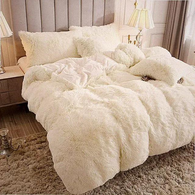 NEW!~ COZY ULTRA PLUSH & SOFT FLUFFY FUR FLUFFY IVORY WHITE LUXURY COMFORTER SET