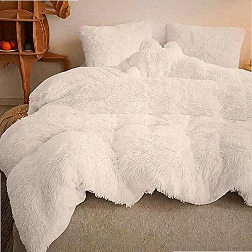 NEW! ~ COZY ULTRA SOFT PLUSH IVORY WHITE FAUX FUR SHAGGY FLUFFY COMFORTER SET