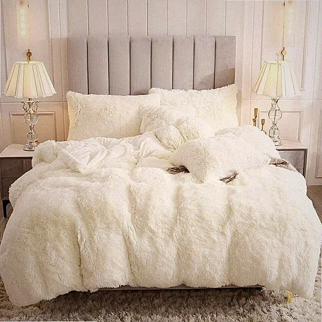 NEW! ~ ULTRA SOFT PLUSH IVORY FAUX FUR CREAM CHIC FLUFFY BEDDING COMFORTER SET