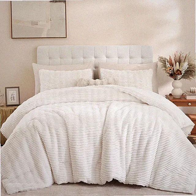 Queen Comforter Set Fluffy White Queen Size Bed Set Faux Rabbit Fur Fluffy Shagg